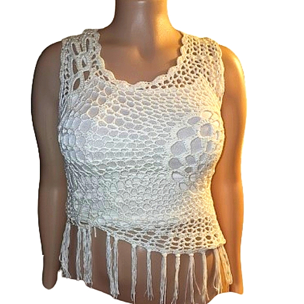 Chic Crochet Lace  Fringe Tank Top - Off White L